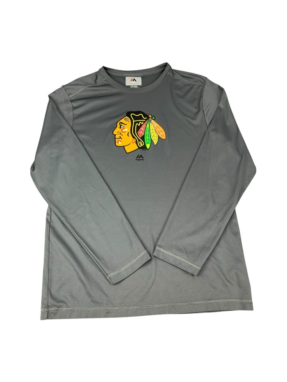 Chicago Blackhawks Long Sleeve Top, Gray, Majestic, Moisture Wicking Men’s Large